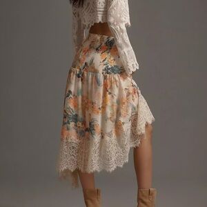 Anthropologie Floral Lace Trim Asymmetrical Skirt